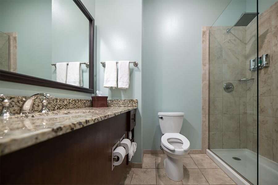 Bathroom with blue walls, granite countertop, toilet, and glass shower.
